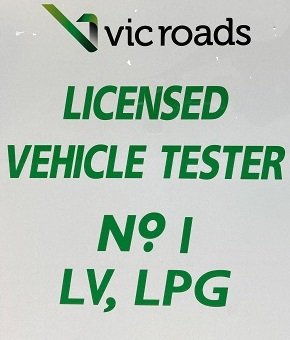 VicRoads Licensed Vehicle Tester sign at P&J Automotive showing licence categories LV and LPG